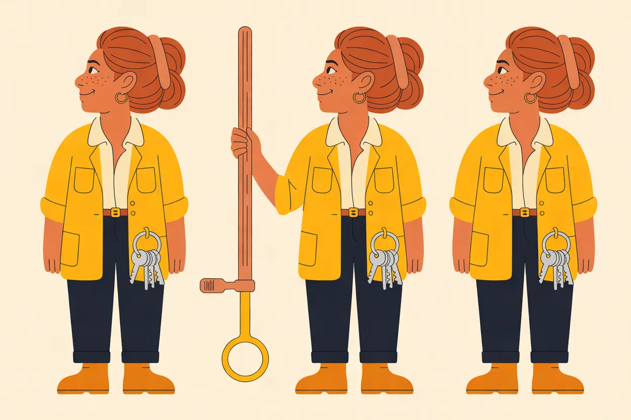 The Keyholder character sheet on a warm cream background: three full-length views turned to the left, in a marigold jacket over a cream shirt, a brown belt, rolled navy trousers and orange-brown boots, with a ring of silver keys at her hip, her copper-red hair in a bun, freckles and gold hoop earrings. She stands with her hands at her sides, holds a tall wooden crank with a yellow ring at its end upright beside her, and stands again with her hands at her sides, with the same small closed-mouth smile in all three.