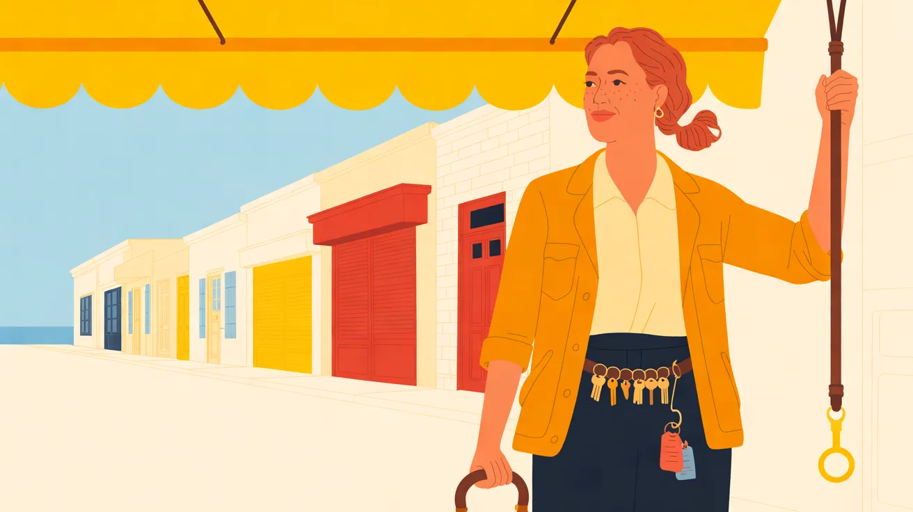 The Keyholder, a freckled woman with copper-red hair tied in a low knot, in a marigold work jacket over a cream shirt and navy trousers, stands on the right under a scalloped yellow awning, one raised hand on a long dark crank with a yellow ring at its end and the other holding a curved wooden handle, a row of brass keys and two small red and blue tags hanging from her belt. To the left, a row of cream shopfronts with closed yellow and vermilion roller shutters and a red door runs along a pale, empty square toward a strip of blue sea under a pale blue sky.